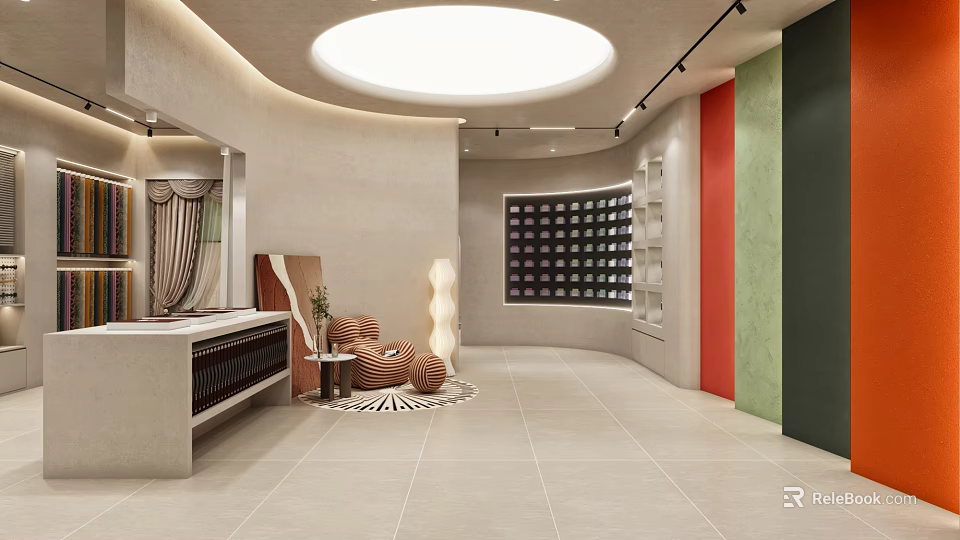 Modern Retail Boutique Interior With Circular Ceiling Light Display Shelves And Colorful Walls 3d model 