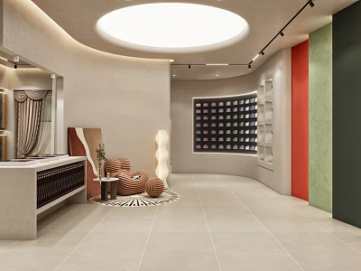 Modern Retail Boutique Interior With Circular Ceiling Light Display Shelves And Colorful Walls 3d model