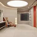 Modern Retail Boutique Interior With Circular Ceiling Light Display Shelves And Colorful Walls
