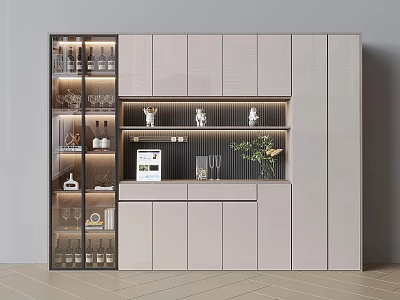 Modern Wine Cabinet Design With Glass Doors Display Shelves Decorative Items And Green Plants 3d model