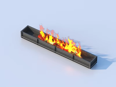 Long Rectangular Black Metal Fire Pit With Burning Flames For Home Decoration 3d model