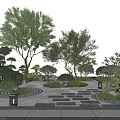 Serene Courtyard Garden Landscaped With Trees Bushes Circular Green Areas Stone Paths And Lanterns
