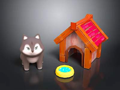 Cute Grey Puppy Toy With Wooden Dog House Red Roof Yellow Bowl And Blue Water 3d model