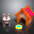 Cute Grey Puppy Toy With Wooden Dog House Red Roof Yellow Bowl And Blue Water