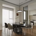 Modern Dining And Kitchen Space With Rectangular Table Leather Chairs And Pendant Light 3d model