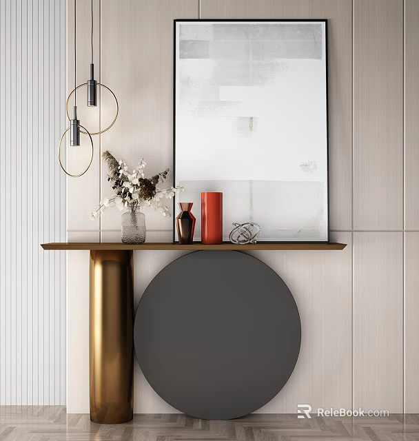 Modern Console Table With Decorative Vase Bottles And Wall Mirror Design 3d model