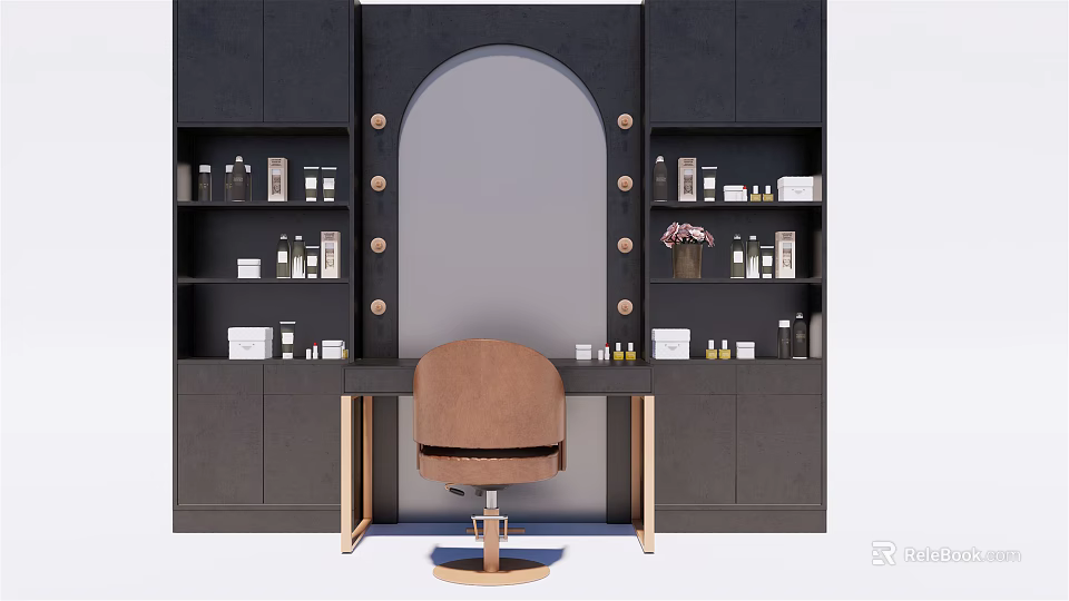 Modern Dressing Table With Arched Lighted Mirror Black Cabinets Brown Leather Chair And Skincare Shelves 3d model 