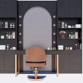 Modern Dressing Table With Arched Lighted Mirror Black Cabinets Brown Leather Chair And Skincare Shelves