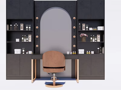 Modern Dressing Table With Arched Lighted Mirror Black Cabinets Brown Leather Chair And Skincare Shelves 3d model