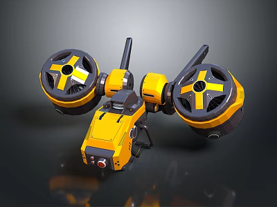 Yellow Black Futuristic Flying Robot With Large Circular Propellers And Mechanical Structure 3d model