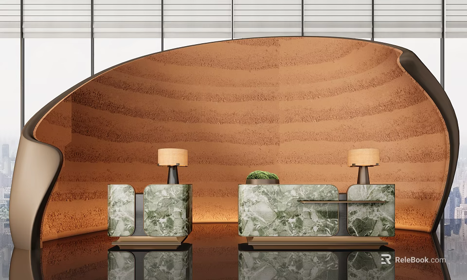 Elegant Green And White Marble Reception Desks With Table Lamps And Arched Wall Background 3d model 