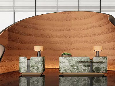 Elegant Green And White Marble Reception Desks With Table Lamps And Arched Wall Background 3d model
