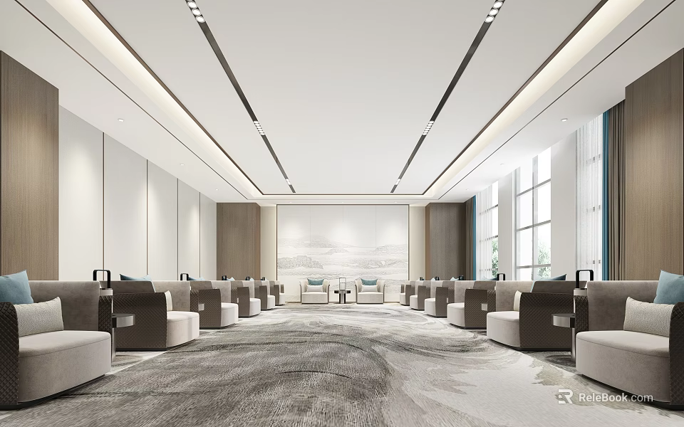 Elegant Hotel Public Lounge Featuring Comfortable Seating Spacious Layout And Modern Lighting 3d model 