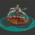 Mythical Warrior Figure With Double Blades Standing On Rocky Base Surrounded By Turquoise Waves