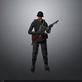 Militant Character In Dark Uniform With Red Gear Holding Rifle On Gray Background