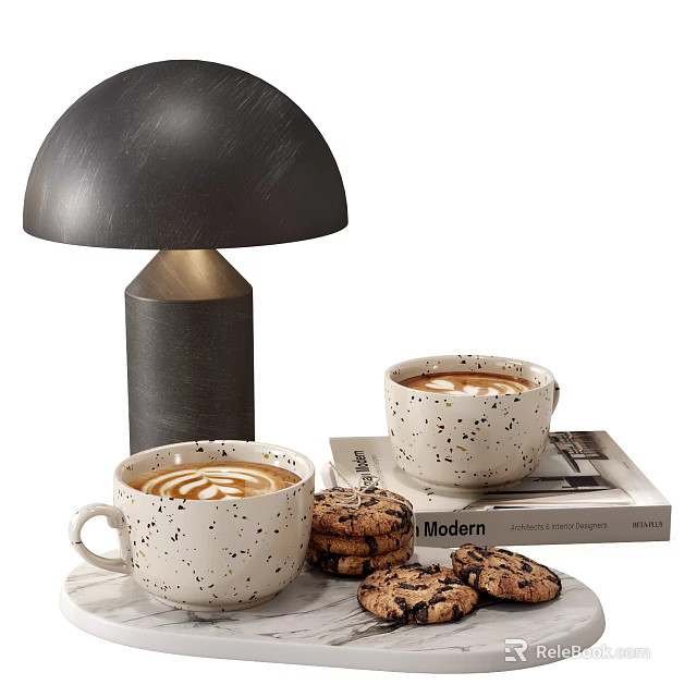 Speckled Coffee Mugs With Cookies On Table Alongside Modern Lamp And Book 3d model 