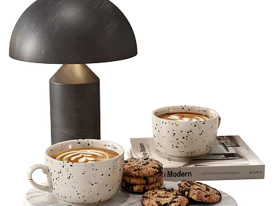 Speckled Coffee Mugs With Cookies On Table Alongside Modern Lamp And Book 3d model