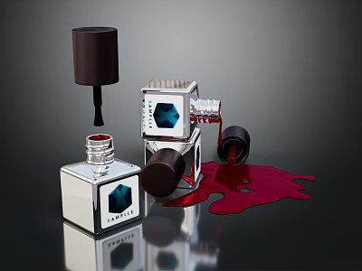 Essie Square Nail Polish Bottles With Brown Caps And Red Polish Spill 3d model