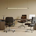 Modern Office Desk Setup With Ergonomic Chairs Computer Monitor And Pendant Lighting