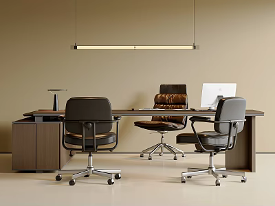 Modern Office Desk Setup With Ergonomic Chairs Computer Monitor And Pendant Lighting 3d model