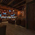 Cozy Bar Interior Design With Stained Glass Window Wooden Shelves Bottles And Leather Chairs