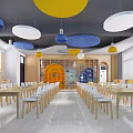 School Classroom Interior With Colorful Lights And Long Tables 3d model