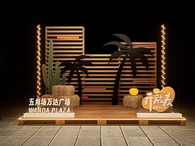 Wanda Plaza Stage With Wooden Structure Palm Trees Cactus And String Lights Decoration 3d model