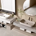 Modern Bathroom Vanity With Double Sinks Marble Countertop Round Mirror And Storage Design