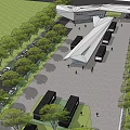 Modern Transportation Hub Exterior Design With Geometric Roof Trees And Pedestrians