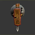 Fantasy Style Weapon With Blue Orange Striped Body Conical Front Silver Blade And Red Cloth