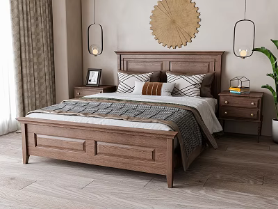 Wooden Double Bed With Nightstands Table Lamps And Wall Decor In Cozy Bedroom 3d model
