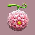 Unique Pink Spherical Fruit With Intricate Swirled Patterns And Green Curved Stem 3d model