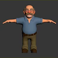 Cartoon Man Character With Red Glasses Mustache Blue Shirt Brown Pants Outstretched Arms And Gray Background