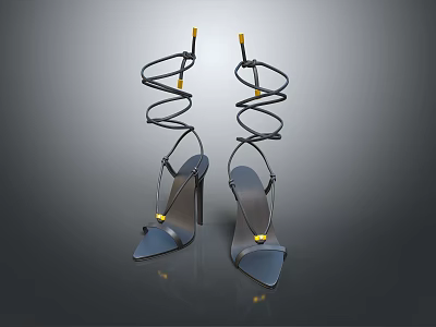Elegant High Heel Shoes With Spiral Ankle Straps Thin Heels Gray Gold Accents Pointed Toes 3d model
