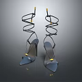 Elegant High Heel Shoes With Spiral Ankle Straps Thin Heels Gray Gold Accents Pointed Toes