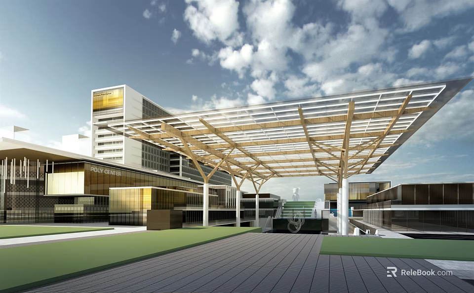 Modern Architectural Design Featuring Wooden Canopy Glass Facade And Open Plaza 3d model 