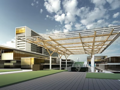 Modern Architectural Design Featuring Wooden Canopy Glass Facade And Open Plaza 3d model
