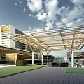 Modern Architectural Design Featuring Wooden Canopy Glass Facade And Open Plaza