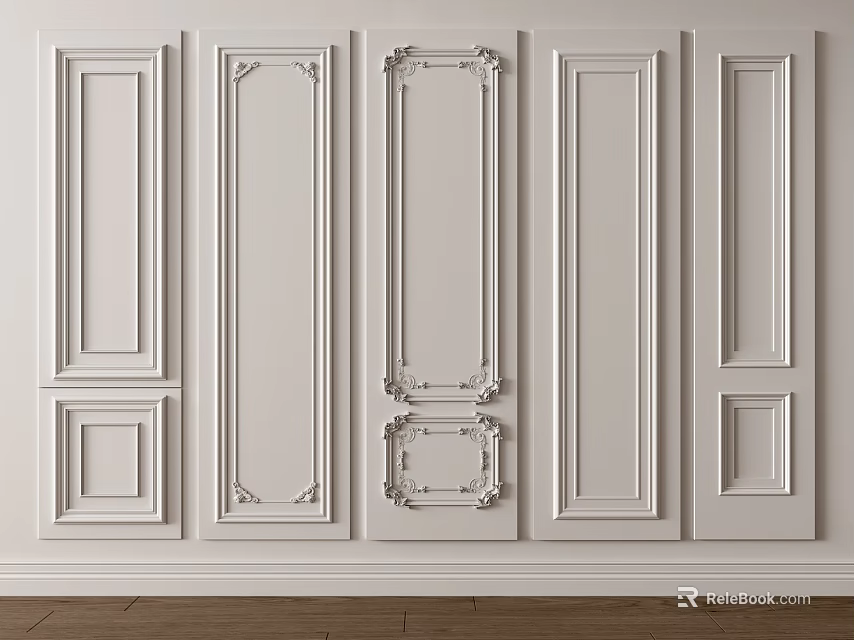 White Decorative Wall Paneling With Various Design Styles And Moldings 3d model