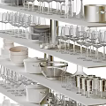 Stylish Tableware Collection Including Ceramic Plates Bowls Glass Cups And Metal Pots Displayed On Shelves