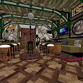 Rustic Bar Interior With Wooden Counter Stools Decorative Paintings Brick Wall And Lighting