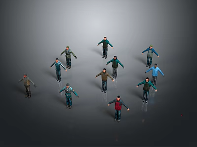 Multiple Human Figures In Various Poses With Different Colored Clothing On Gray Background 3d model