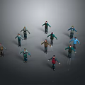Multiple Human Figures In Various Poses With Different Colored Clothing On Gray Background 3d model
