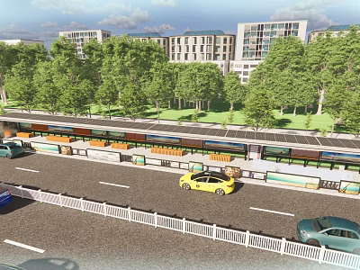 Urban Road Scene with Transit Track Moving Cars Green Trees and Modern Buildings 3d model