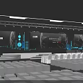 Modern Technology Conference Stage Featuring Large Screens INNOVATION Text World Grid And Digital Graphics
