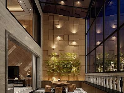 Stylish Modern Restaurant Interior With Wooden Wall Design Green Plants And Ambient Lighting 3d model