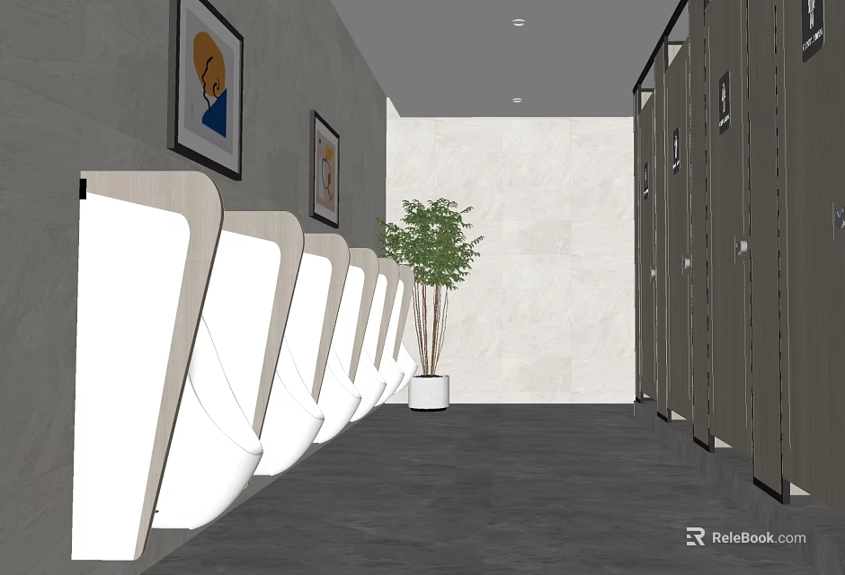 Modern Public Restroom With Urinals Stalls Potted Plant And Wall Paintings 3d model 