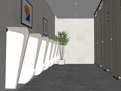 Modern Public Restroom With Urinals Stalls Potted Plant And Wall Paintings 3d model
