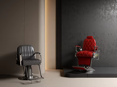 Black And Red Barber Shop Chairs With Leather Upholstery And Chrome Base 3d model