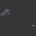 Ancient Decorative Axe With Blue Blade Brown Wooden Handle And Golden Accents